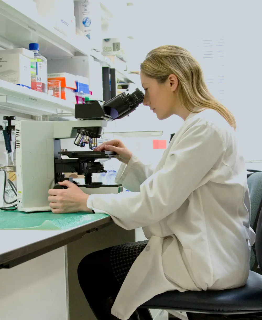 A female scientist in a laboratory looks through a microscope.
